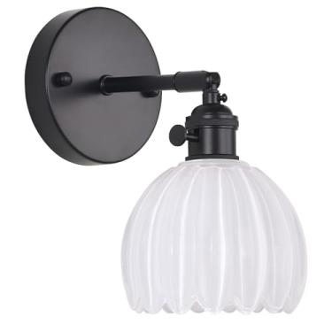Imagem de Shenmoyl Aplique De Parede Vintage Com Abajur De Vidro Tulipa Branca, Arandela Preta Ajustável De 180 Graus, Luminária De Parede Moderna Com Fio Hradwired Com Interruptor Para Porta De Cabeceira Do