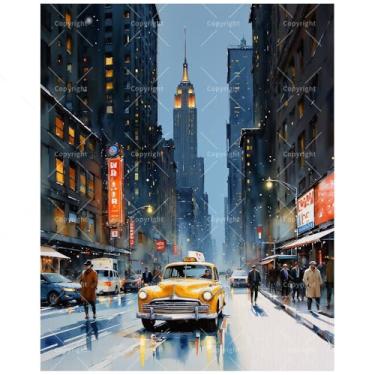 Imagem de Kit de pintura de paisagem urbana por números para adultos - Pintura de cena de rua de táxi de Nova York DIY em tela 40,6 x 50 cm, conjunto de tinta acrílica, adequado para iniciantes, arte para
