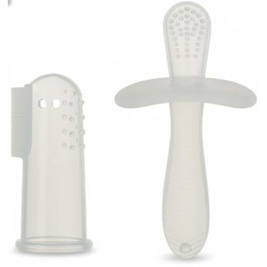 Imagem de Escova de Dentes para Bebê em Silicone, Massageador Gengival com Pega Ergonômica, Branco, Dupla Função