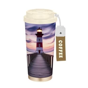 Imagem de SEHANY Caneca de viagem Sea Lighthouse Scenery 482 g Copos de café reutilizáveis revestidos de cerâmica com tampa à prova de vazamento, parede dupla, isolamento a vácuo, copo de café de aço inoxidável