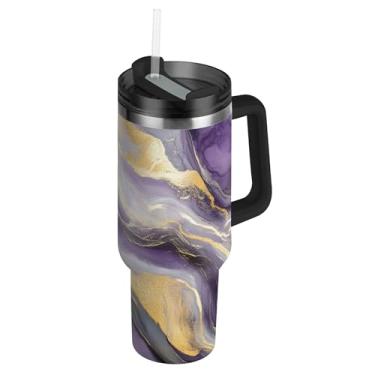 Imagem de SEHANY Copo de mármore roxo de 850 g com tampa e canudo, aço inoxidável de vácuo duplo isolado garrafa de água esportiva suporte para copo de café de viagem à prova de vazamento para bebida gelada