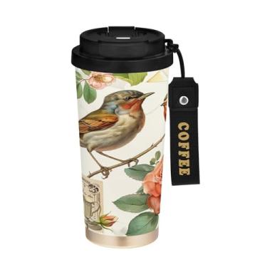 Imagem de SEHANY Caneca de café de viagem Flores e pássaros de 482 g com tampa revestida de cerâmica e à prova de vazamento, parede dupla, copo de aço inoxidável isolado a vácuo para bebidas quentes e frias