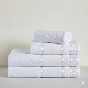 Imagem de Kit Toalha de Banho e Rosto 4 Pçs 100% Algodão 290 g/m2 Hipoalergênica - Barra Decoratica, Luxo, Toque Macio e alta absorção - Branco