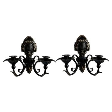 Imagem de Wswqop Castiçal de parede rústico com duas cabeças, estilo candelabro decorativo, ideal para casas de campo, Preto
