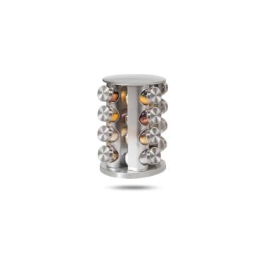 Imagem de Porta Condimentos Torre com 16 Potes de Vidro 80ml, Aço Inox e Madeira, 30x12x28cm, com Tampa Inox e Peneira Dosadora