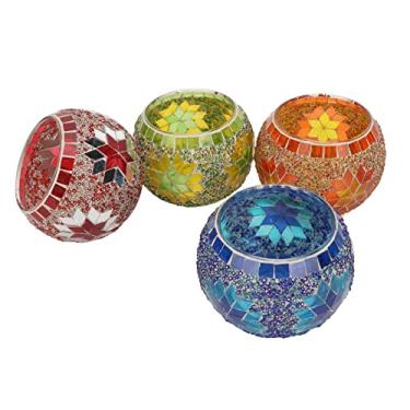 Imagem de Asixxsix 4Pcs Chá Luz Castiçal, Colorido Mosaico Vidro Castiçais Titular, Handmade Vidro Romântico Tealight Cup para Aromaterapia Decoração Do Partido, Mesa Centerpieces