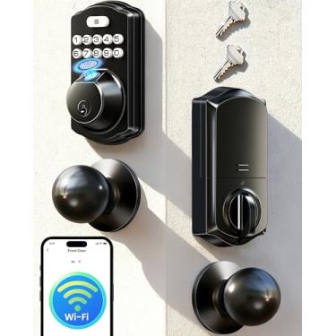 Imagem de Veise VE012W-K Fechadura inteligente de impressão digital WiFi integrada com 2 maçanetas, sem necessidade de hub, controle remoto de aplicativo, fechadura de porta de entrada sem chave, fechadura