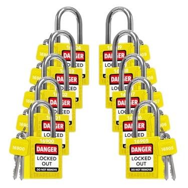 Imagem de TRADESAFE Conjunto de trava com etiqueta de bloqueio, pacote com 10 cadeados de segurança com chave diferente, 2 chaves por fechadura, amarelo, fechaduras de segurança em conformidade com a segurança para fechar, marca de segurança industrial e empresa