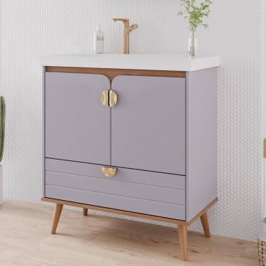 Imagem de Gabinete para Banheiro 80cm com 2 Portas 1 Gaveta e Cuba de Embutir Trancoso Platina