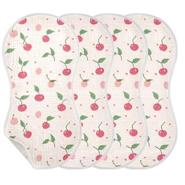 Imagem de Wassud Pacote com 2 panos de musselina de cereja com estampa de cereja, babadores de algodão, panos de rosto absorventes e macios para arrotos para meninos e meninas recém-nascidos