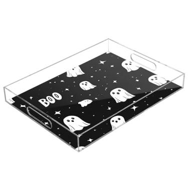 Imagem de xigua Bandeja de servir de acrílico fantasma de Halloween com alças à prova de derramamento, bandejas decorativas de festa de Halloween, bandeja organizadora de bancada para banheiro, cozinha, 30,5 x