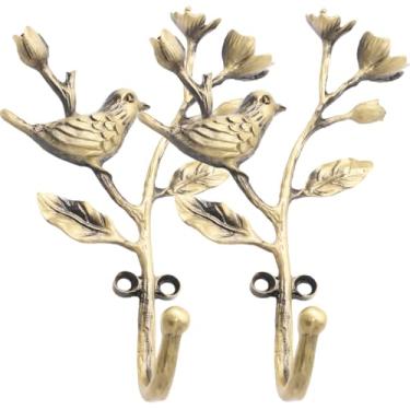 Imagem de XKTIAN Ganchos de parede de metal com formato de pássaros e flores 3D, estilo ornamentado dourado para pendurar roupas, casacos, toalhas, chaves, chapéus (2, ouro vintage/pássaro)