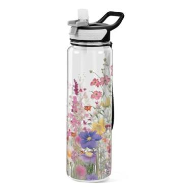 Imagem de Burbuja Garrafa de água Wildflowers de 946 ml com tampa de palha, à prova de vazamento e livre de BPA para academia, esportes ao ar livre