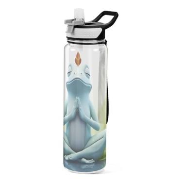 Imagem de Burbuja Garrafa de água Frog at Meditation de 946 ml com tampa de palha, à prova de vazamento e livre de BPA para academia, esportes ao ar livre
