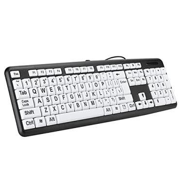 Imagem de Teclado de computador com impressão grande, teclado com fio de visão baixa de tamanho normal com teclas padrão 104 teclas teclas de alto contraste preto e branco, teclado idoso para crianças com deficiência visual indivíduos de baixa visão (preto)