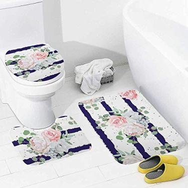 Imagem de Conjunto de tapetes de banheiro e tapetes de 3 peças de buquês de peônia de rosa, tapete de banheiro de espuma viscoelástica lavável, antiderrapante, tapete e tampa para banheiro