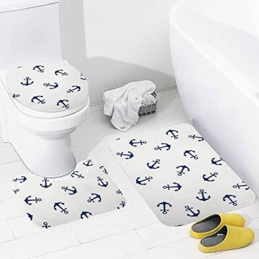 Imagem de Conjunto de tapetes de banheiro 3 peças âncoras náutico branco lavável tapete antiderrapante tapete de contorno e tampa para banheiro