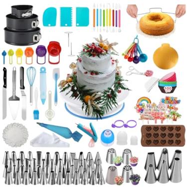 Imagem de Kit de materiais para decoração de bolos, conjunto de ferramentas para assar bolos – 3 unidades de formas giratórias de bolo Springform para bolo 48 pontas de confeitar, 8 bicos russos 9 ferramentas de fondant para iniciantes
