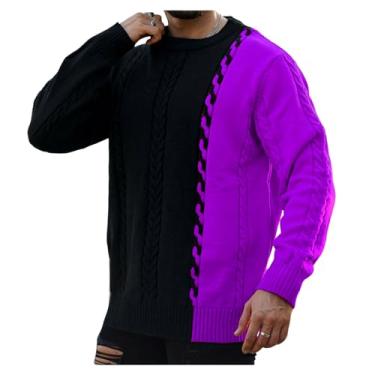 Imagem de Suéter masculino fino camada base de cor combinando costura borda canelada pulôver camada base, Roxo, XG