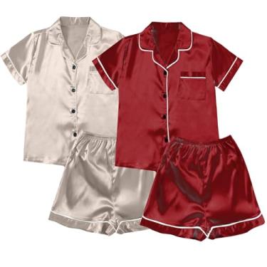 Imagem de Aniywn Conjunto de pijama feminino de cetim de seda com 2 peças, conjunto de pijama com botões e calças, conjunto de pijama macio, A1 - vermelho melancia, GG