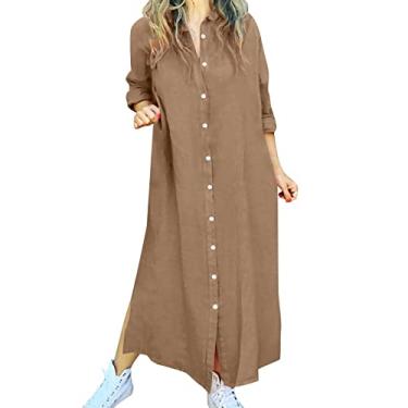 Imagem de Lainuyoah Vestidos de linho para mulheres 2024 maxi vestidos 2024 abotoados manga longa lapela vestido muçulmano estampado de bolinhas, Caqui, GG
