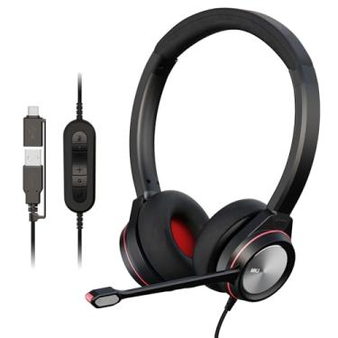 Imagem de MKJ Fone de ouvido USB com microfone para PC | Plugue USB-A e USB-C para PC e laptop | Áudio transparente e microfone com cancelamento de ruído | Fone de ouvido de computador para call center e