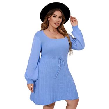 Imagem de Vestido feminino plus size casual gola quadrada manga lanterna longa gravata cintura pulôver pulôver solto, Azul 1, XGG