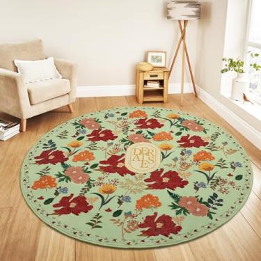 Imagem de ROTTOGOON Tapete redondo 1,2 m lavável círculo macio tapete floral com revestimento de borracha resistente a manchas antiderrapante tapetes boêmios para quarto, banheiro, entrada, quarto de crianças,