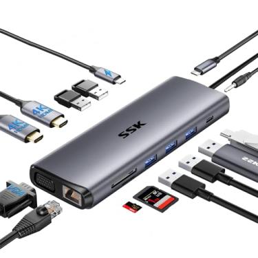 Imagem de SSK Estação de ancoragem para laptop USB C, monitor duplo, adaptador multiporta USB C 14 em 1 com 2 HDMI, VGA, Ethernet RJ45, 5 USBA, 1 porta de dados USB C 3.1, SD/TF, PD3.0, para Thunderbolt MacBook