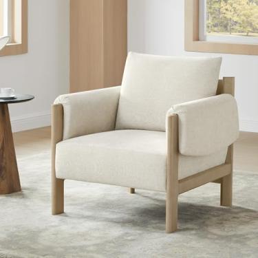 Imagem de CHITA Cadeira de destaque, poltrona de estofamento de tecido moderno de meados do século para sala de estar, moldura de madeira maciça cinza, tecido em linho