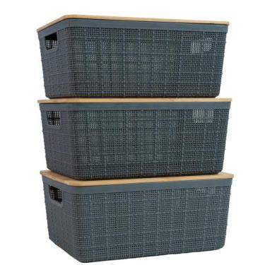 Imagem de Kit 3 Caixas Organizadoras 4 Litros Cinza C/ Tampa Bambu Oikos, U, CIN