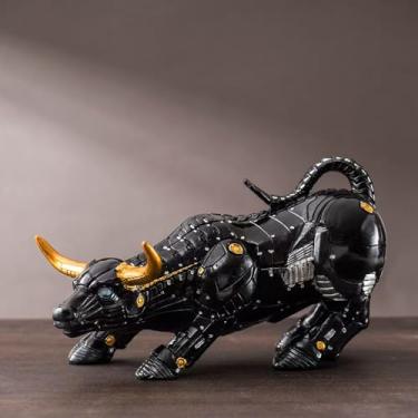 Imagem de Rekeell Estátua de touro Steampunk, design mecânico preto e dourado, escultura decorativa de mesa