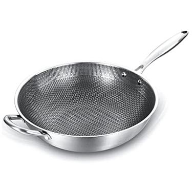 Imagem de Frigideira sem revestimento de 32 cm de aço inoxidável wok design favo de mel aquecimento uniforme para indução elétrica e fogões a gás (cor: 32 cm)