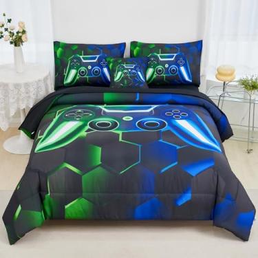 Imagem de URBONUR Conjunto de edredom casal para meninos, 6 peças, verde, azul, console de jogos 3D, decoração de quarto, cama de casal infantil em uma bolsa