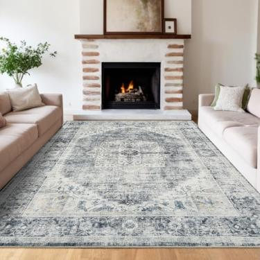 Imagem de Tapete de área lavável à máquina, tapete medalhão envelhecido vintage com suporte TPR antiderrapante, tapete macio de baixa pilha fina, dobrável, tapete impresso com detalhes internos para sala de