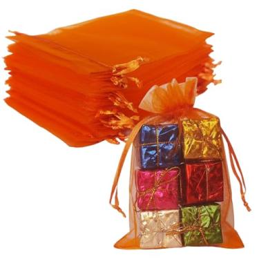Imagem de Sacos de presente de organza de 12,7 x 18 cm com cordão para joias, doces, sabonete, pacote com 100 sachês de malha transparente laranja para chá de bebê, aniversário, Natal, lembrancinhas de festa