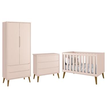 Imagem de Dormitório Infantil Theo Retrô 2 Portas, Cômoda E Berço Rosa Fosco Com Pés Amadeirado - Reller Móveis Rosa Fosco
