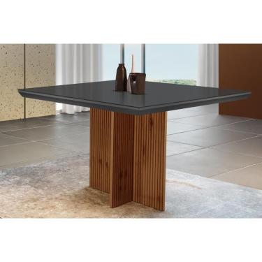 Imagem de Mesa Para Cozinha Berlim Com Tampo 90x90cm Madeirado Vidro Canto Curvo Imbuia Ripado 3d Grafite Rufato