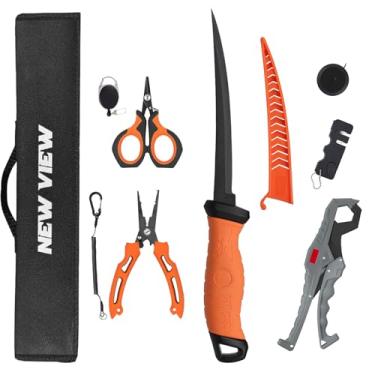 Imagem de NEW VIEW Kit De Ferramentas Pesca Com 6 Peças - Pacote Equipamentos Portáteis Faca Para Filé, Alicate, Tesoura Trança, Apontador, Alicate Lábios, Régua Peixes, Bolsa Transporte, Conjunto Completo Ág