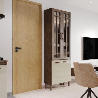 Imagem de Paneleiro Duplo Modulado Com Vidro Fidelitá Lisboa 70cm 4 Portas Noce/Off-White