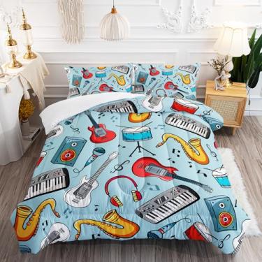 Imagem de XYNHML Conjunto de cama Queen com faixa de música de saxofone, fone de ouvido e guitarra, 3 peças, para crianças, adolescentes, meninas, meninos, adultos, kit de tambor de rock, para decoração de cama
