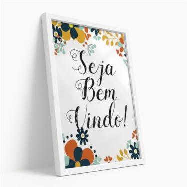 Imagem de Quadro Decorativo Seja Bem-Vindo Com Moldura Frase de Boas-Vindas Floral Colorido Acolhedor Entrada Criativo Estampa Alegre Convidativo