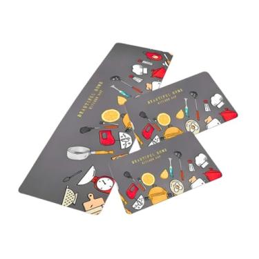 Imagem de Tapete Jogo Passadeira Cozinha 3 Peças Antiderrapante Emborrachado Decoração Capacho Frutas Talheres