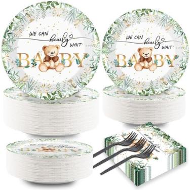 Imagem de Conjunto de talheres de festa Naozinebi Sage Green Bear Baby Shower
