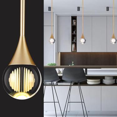 Imagem de 1 luminária pendente ilha de cozinha, bronze dourado globo cristal luzes penduradas no teto, luminárias de LED, haste de metal, teto de vidro, iluminação pendente para cozinha, ilha, sala de jantar