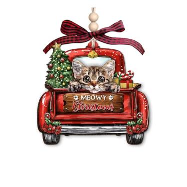 Imagem de Enfeite de Natal LaPerm – Linda decoração de Natal para amantes de gatos – Enfeite de caminhão vermelho de madeira de 3 camadas para donos de animais de estimação – Enfeite de pendurar para árvore de