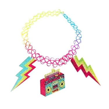 Imagem de HWJQ Colar gargantilha de tatuagem colorida, 80, 90, relâmpago, Y2k, colar de fita cassete, neon, vintage, raio, rádio, colares para mulheres, joias brilhantes de festa, Middle, Acrílico, Sem Pedra