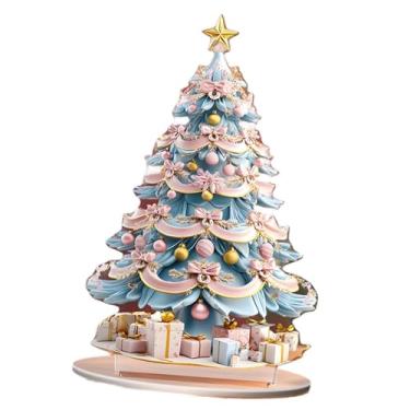 Imagem de Fenteer Placa de árvore de Natal 2D, enfeite de acrílico, presentes, arte colecionável, decorações para escritório, quarto, mesa, mesa, centro de mesa, Azul Rosa