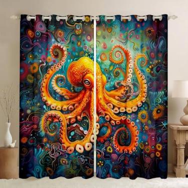 Imagem de Cortina de janela de polvo 3D, cortinas de flores trippy para decoração de quarto de crianças, meninos, meninas, cortina de tratamento de janela de animais marinhos subaquáticos, cortinas de janela