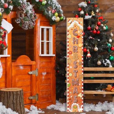 Imagem de Placa de alpendre de Natal vertical para decoração de porta da frente, decoração de varanda externa de casa de pão de gengibre de madeira rústica para casa da frente quintal casa de fazenda decoração